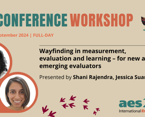 Pre-Conference Workshop banner for aes24 International Evaluation Conference, scheduled for Monday, 16 September 2024, a full-day event. The workshop is titled 'Wayfinding in measurement, evaluation, and learning – for new and emerging evaluators.' Presented by Shani Rajendra and Jessica Suares. The banner includes photos of the presenters and graphic elements like an eagle in flight and a pattern of bird tracks.