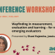 Pre-Conference Workshop banner for aes24 International Evaluation Conference, scheduled for Monday, 16 September 2024, a full-day event. The workshop is titled 'Wayfinding in measurement, evaluation, and learning – for new and emerging evaluators.' Presented by Shani Rajendra and Jessica Suares. The banner includes photos of the presenters and graphic elements like an eagle in flight and a pattern of bird tracks.