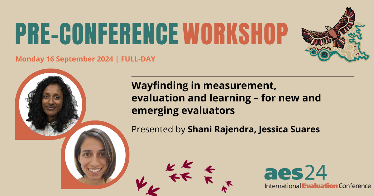 Pre-Conference Workshop banner for aes24 International Evaluation Conference, scheduled for Monday, 16 September 2024, a full-day event. The workshop is titled 'Wayfinding in measurement, evaluation, and learning – for new and emerging evaluators.' Presented by Shani Rajendra and Jessica Suares. The banner includes photos of the presenters and graphic elements like an eagle in flight and a pattern of bird tracks.